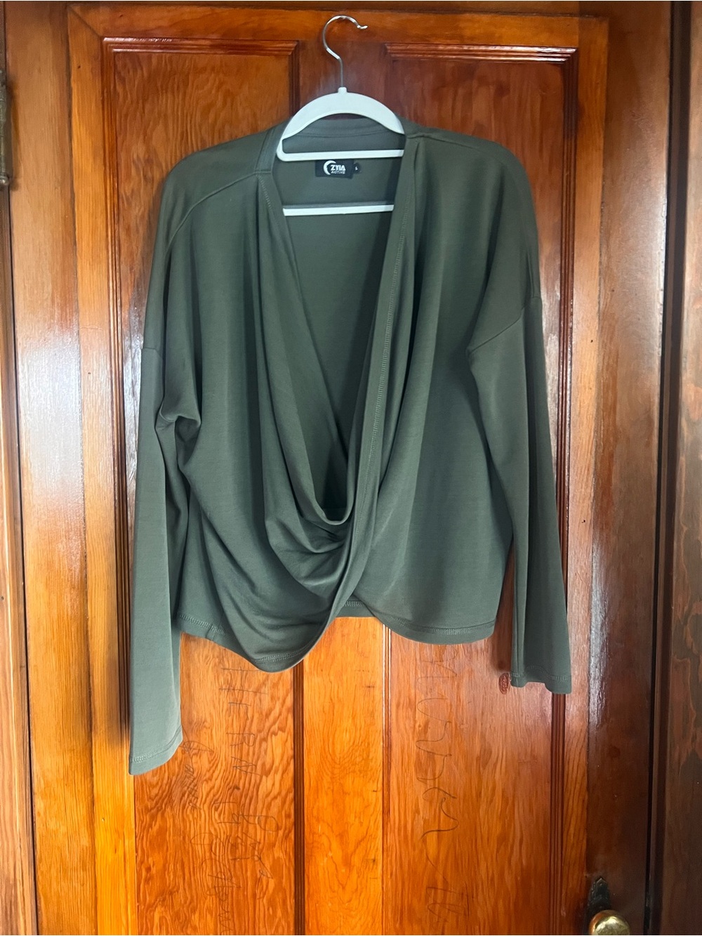 Zyia active size large Cowl Front Olive Green Draped Top
